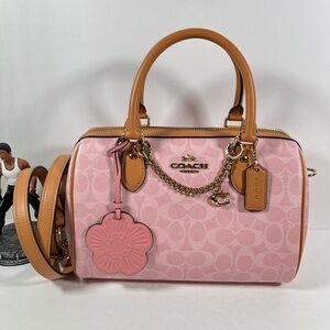 Coach Powder Pink Rowan Medium Satchel Bag In Signature With Charms NWT